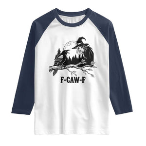 F Caw F Gothic Raven and Witch Raglan Shirt Funny Halloween Spooky October Vibes TS02 White Navy Print Your Wear