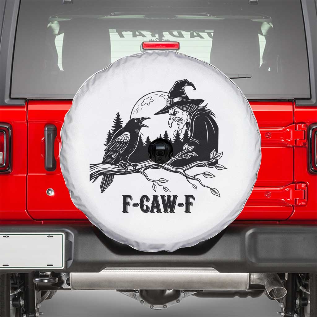 F Caw F Gothic Raven and Witch Spare Tire Cover Funny Halloween Spooky October Vibes TS02 White Print Your Wear