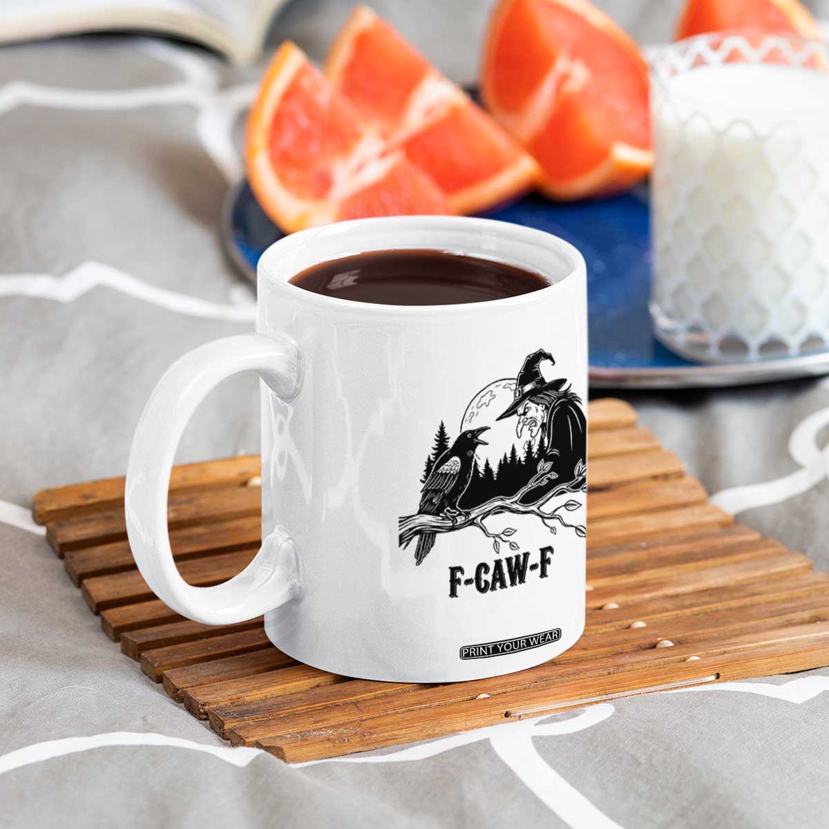 F Caw F Gothic Raven and Witch Coffee Mug Funny Halloween Spooky October Vibes TS02 Print Your Wear