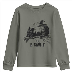 F Caw F Gothic Raven and Witch Youth Sweatshirt Funny Halloween Spooky October Vibes TS02 Military Green Print Your Wear
