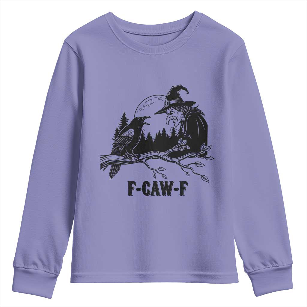 F Caw F Gothic Raven and Witch Youth Sweatshirt Funny Halloween Spooky October Vibes TS02 Violet Print Your Wear