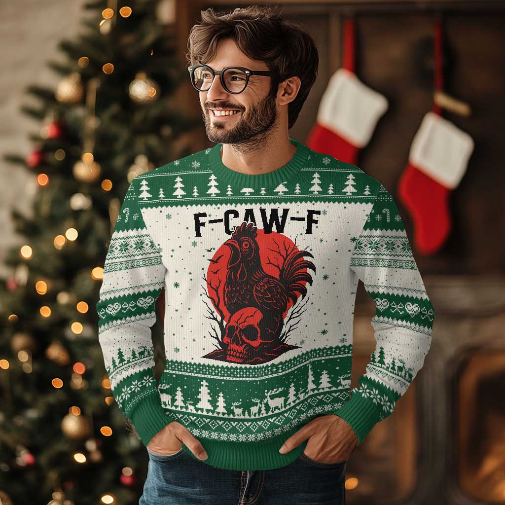 F Caw F Gothic Chicken Horror Ugly Christmas Sweater Creepy Skull Rooster Halloween Dark Humor TS02 Beige Green Print Your Wear