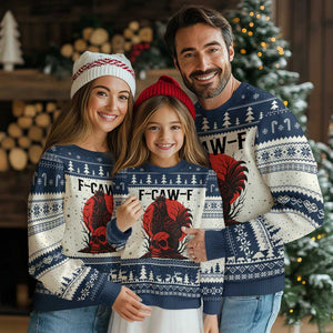 F Caw F Gothic Chicken Horror Ugly Christmas Sweater Creepy Skull Rooster Halloween Dark Humor TS02 Beige Navy Print Your Wear