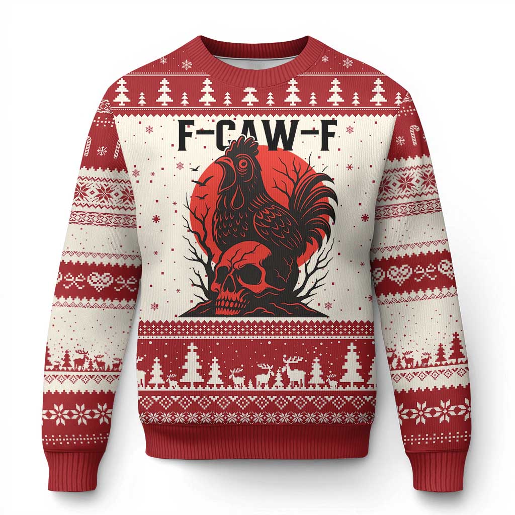 F Caw F Gothic Chicken Horror Ugly Christmas Sweater Creepy Skull Rooster Halloween Dark Humor TS02 Beige Red Print Your Wear