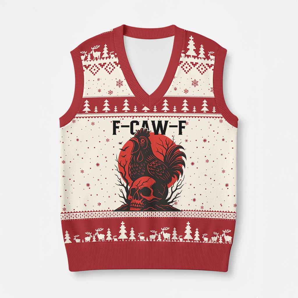 F Caw F Gothic Chicken Horror V-Neck Knit Sweater Vest Creepy Skull Rooster Halloween Dark Humor TS02 Beige Red Print Your Wear