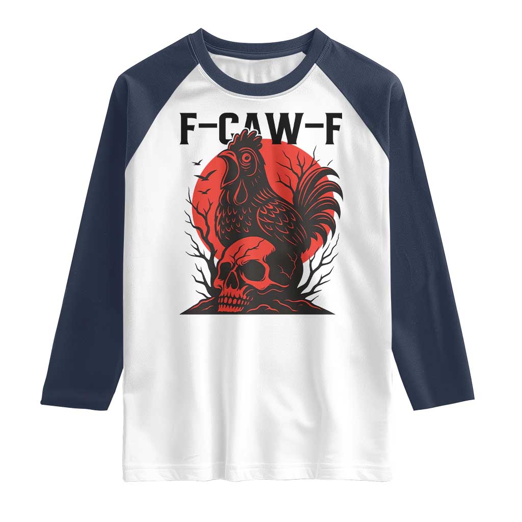 F Caw F Gothic Chicken Horror Raglan Shirt Creepy Skull Rooster Halloween Dark Humor TS02 White Navy Print Your Wear