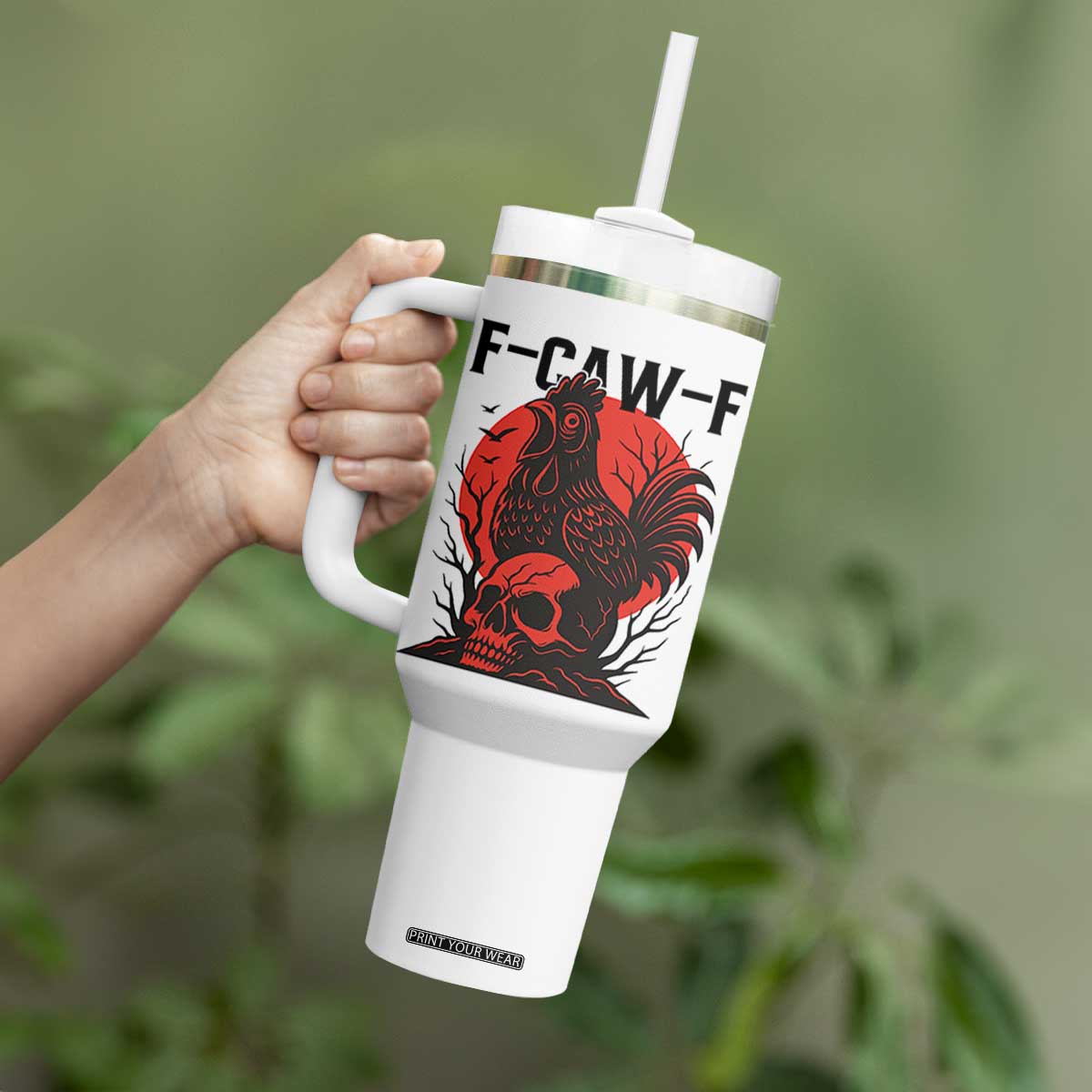 F Caw F Gothic Chicken Horror Tumbler With Handle Creepy Skull Rooster Halloween Dark Humor TS02 Print Your Wear