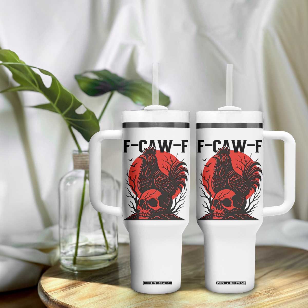 F Caw F Gothic Chicken Horror Tumbler With Handle Creepy Skull Rooster Halloween Dark Humor TS02 Print Your Wear