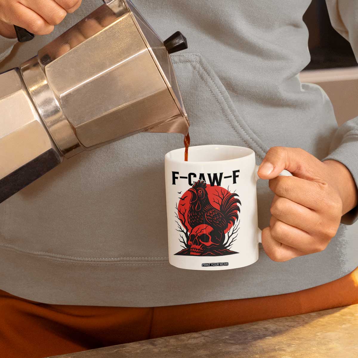 F Caw F Gothic Chicken Horror Coffee Mug Creepy Skull Rooster Halloween Dark Humor TS02 Print Your Wear