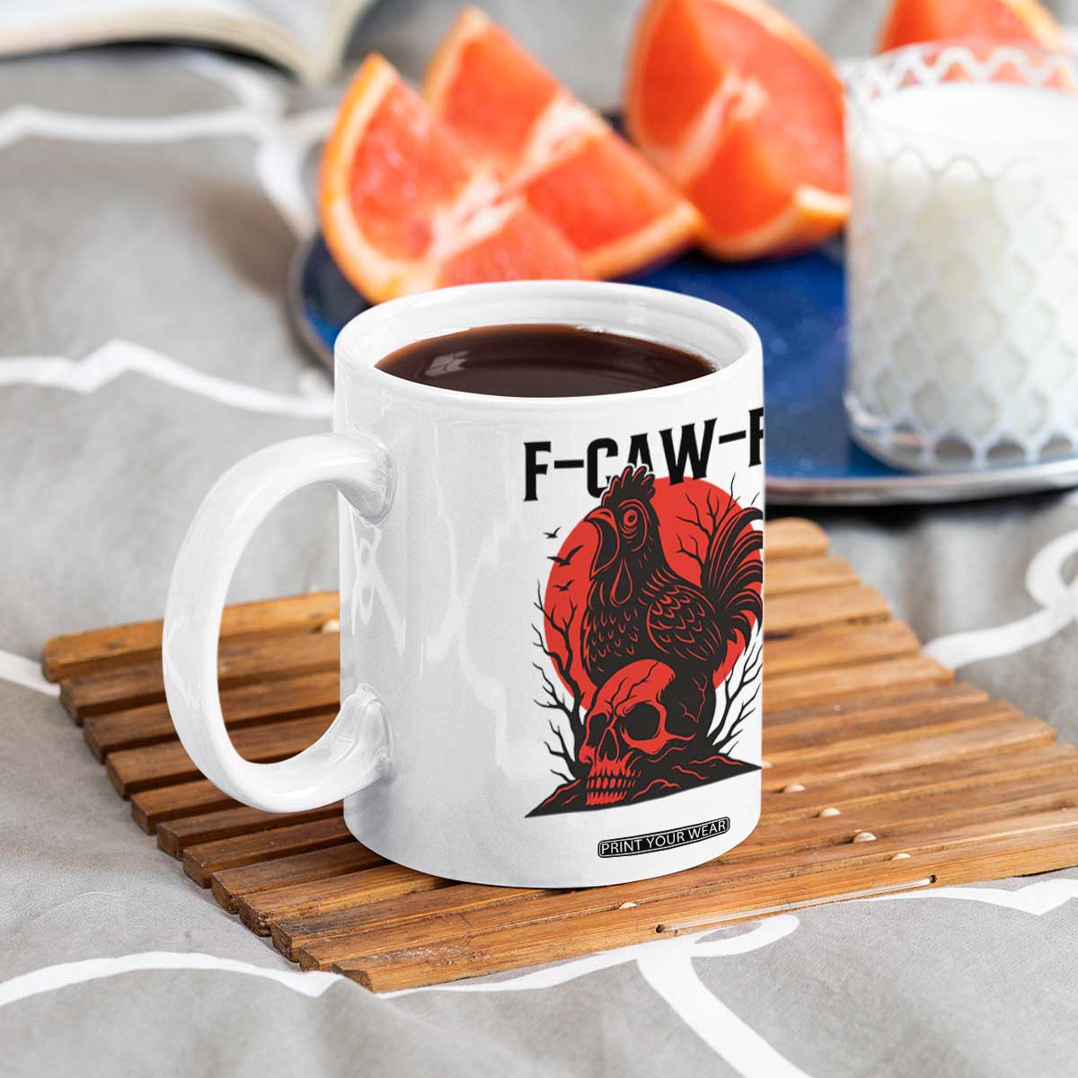 F Caw F Gothic Chicken Horror Coffee Mug Creepy Skull Rooster Halloween Dark Humor TS02 Print Your Wear