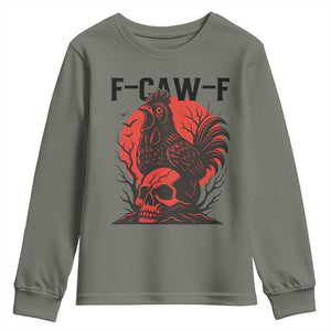 F Caw F Gothic Chicken Horror Youth Sweatshirt Creepy Skull Rooster Halloween Dark Humor TS02 Military Green Print Your Wear