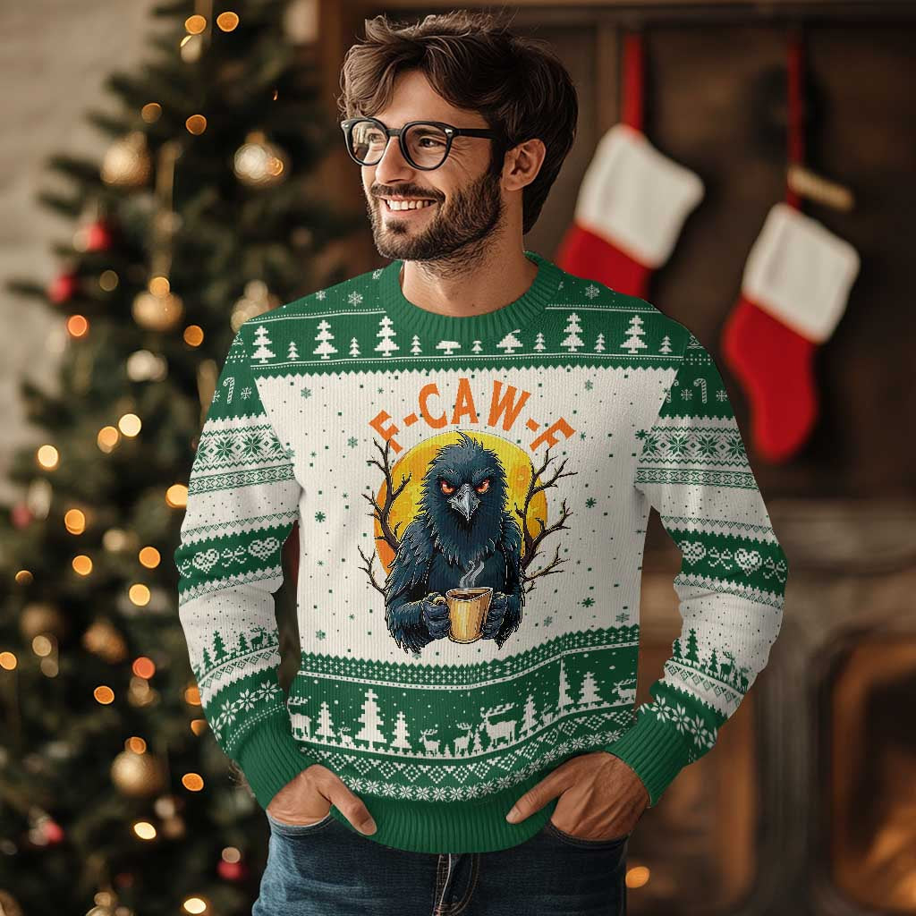 F Caw F Raven Coffee Ugly Christmas Sweater Funny Halloween Sarcastic Gothic Bird with Attitude TS02 Beige Green Print Your Wear