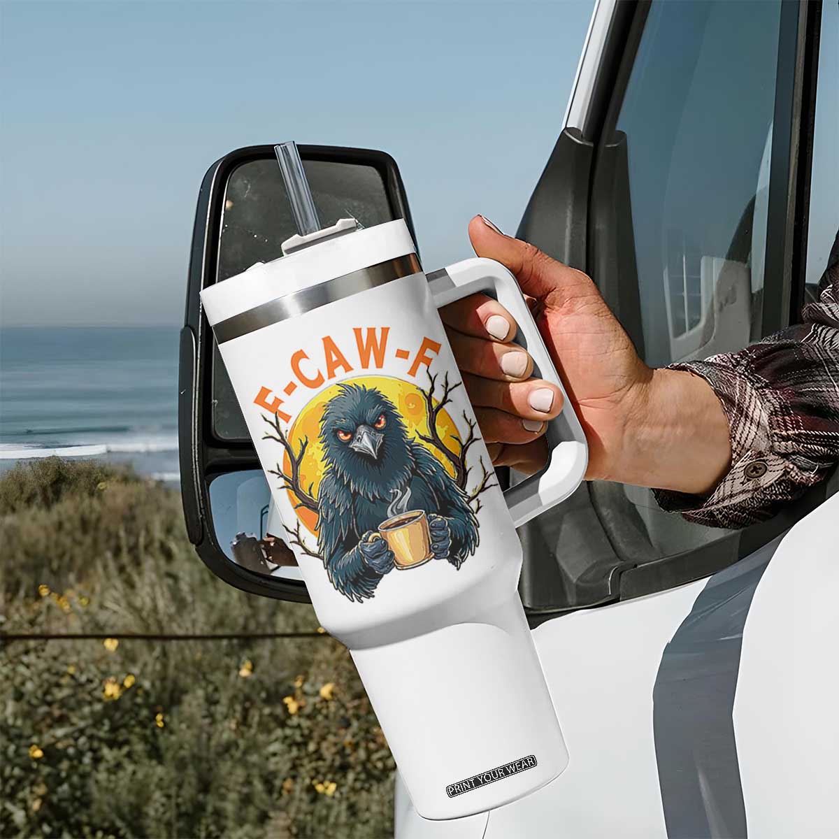 F Caw F Raven Coffee Tumbler With Handle Funny Halloween Sarcastic Gothic Bird with Attitude TS02 Print Your Wear
