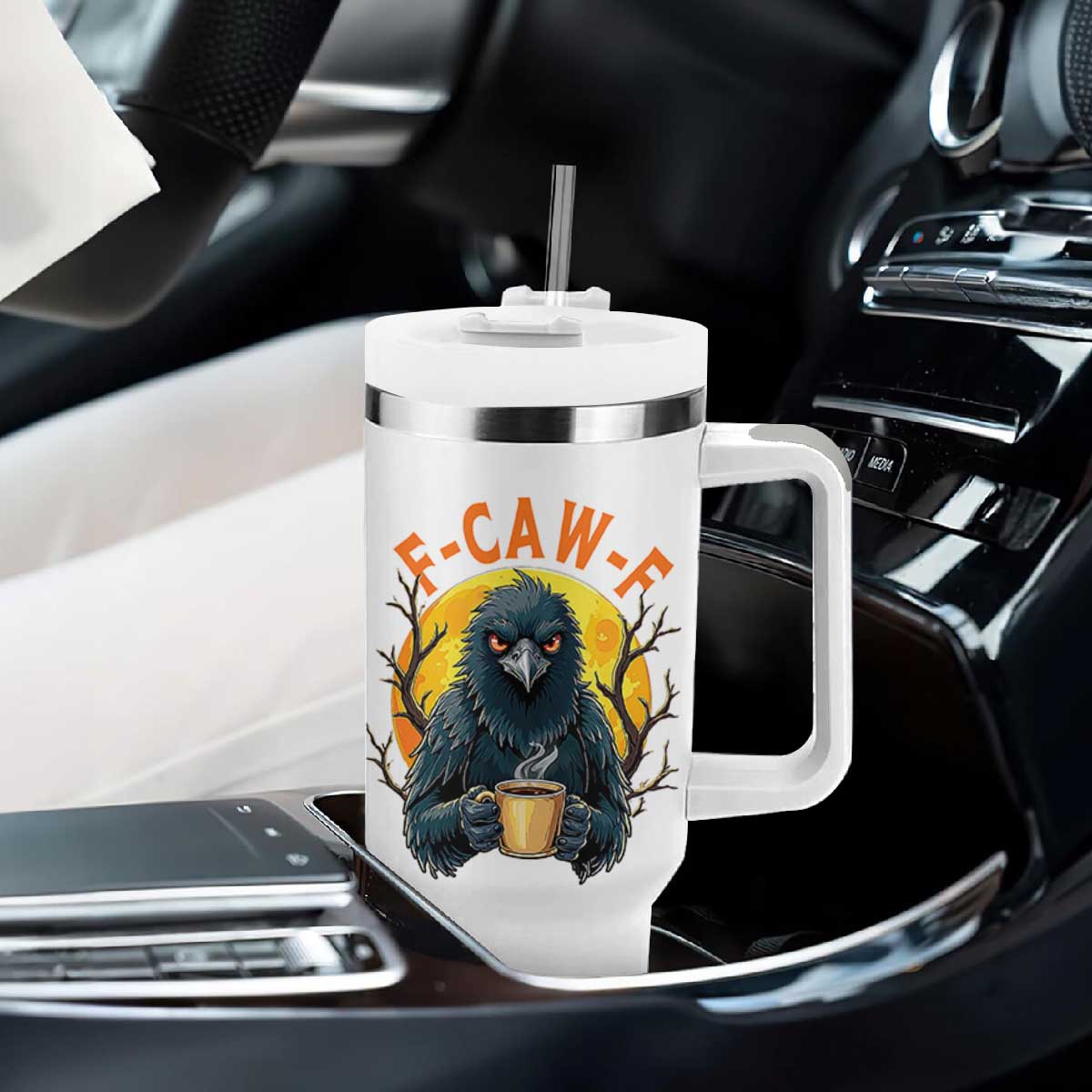 F Caw F Raven Coffee Tumbler With Handle Funny Halloween Sarcastic Gothic Bird with Attitude TS02 Print Your Wear
