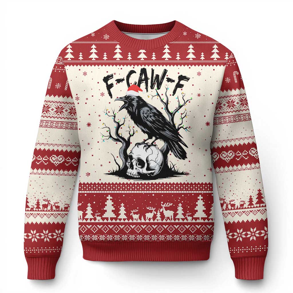 F Caw F Gothic Christmas Raven Ugly Christmas Sweater With Skull Funny Dark Holiday Humor Spooky Season TS02 Beige Red Print Your Wear