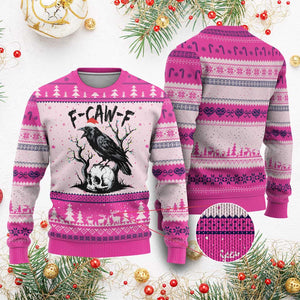 F Caw F Gothic Christmas Raven Ugly Christmas Sweater With Skull Funny Dark Holiday Humor Spooky Season TS02 Hot Pink Print Your Wear