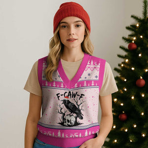 F Caw F Gothic Xmas Raven V-Neck Knit Sweater Vest With Skull Funny Dark Holiday Humor Spooky Season TS02 Hot Pink Print Your Wear