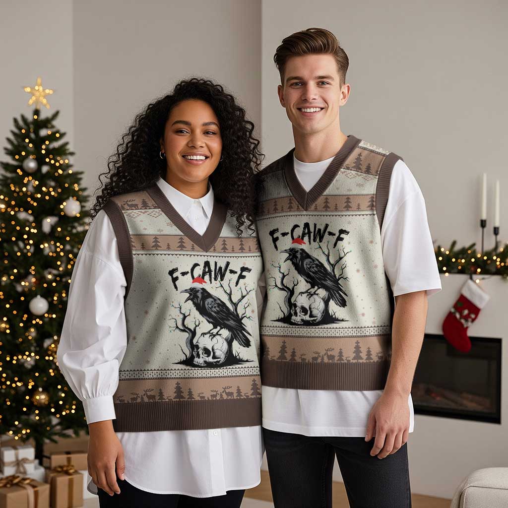 F Caw F Gothic Xmas Raven V-Neck Knit Sweater Vest With Skull Funny Dark Holiday Humor Spooky Season TS02 Mocha Mousse Print Your Wear