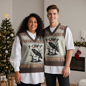 F Caw F Gothic Xmas Raven V-Neck Knit Sweater Vest With Skull Funny Dark Holiday Humor Spooky Season TS02 Mocha Mousse Print Your Wear