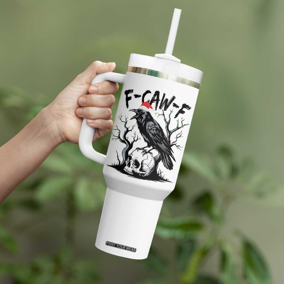 F Caw F Gothic Christmas Raven Tumbler With Handle With Skull Funny Dark Holiday Humor Spooky Season TS02 Print Your Wear