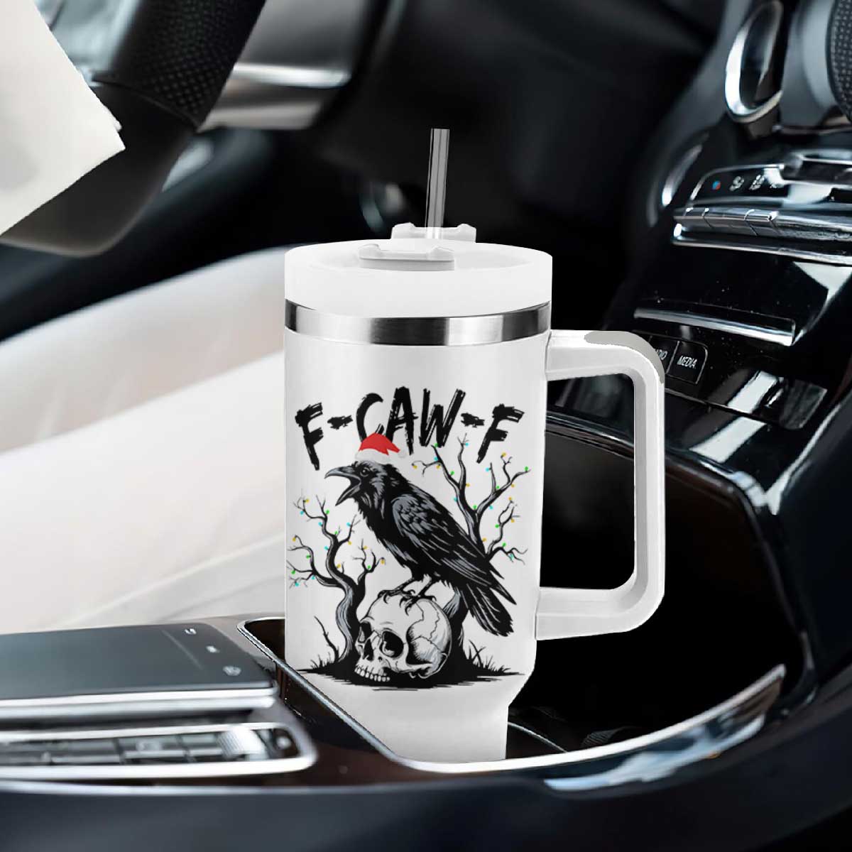 F Caw F Gothic Christmas Raven Tumbler With Handle With Skull Funny Dark Holiday Humor Spooky Season TS02 Print Your Wear