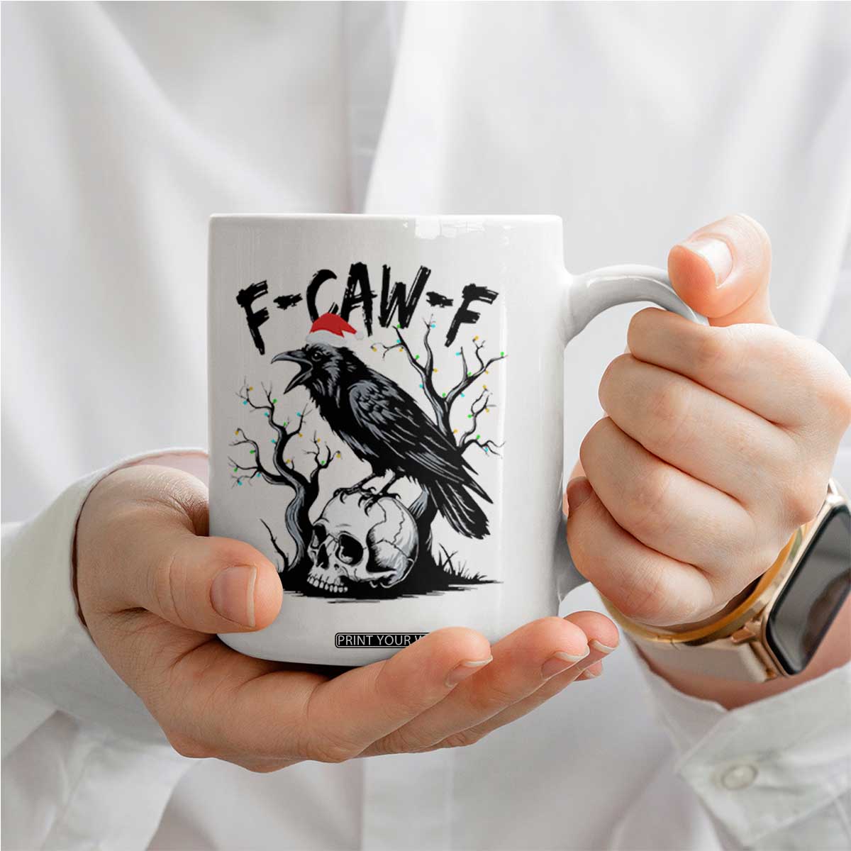 F Caw F Gothic Christmas Raven Coffee Mug With Skull Funny Dark Holiday Humor Spooky Season TS02 Print Your Wear