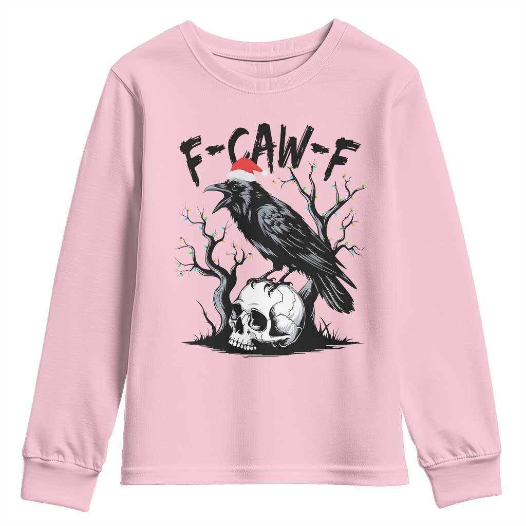 F Caw F Gothic Christmas Raven Youth Sweatshirt With Skull Funny Dark Holiday Humor Spooky Season TS02 Light Pink Print Your Wear