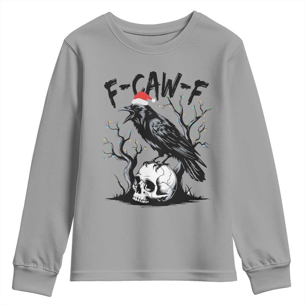 F Caw F Gothic Christmas Raven Youth Sweatshirt With Skull Funny Dark Holiday Humor Spooky Season TS02 Sport Gray Print Your Wear
