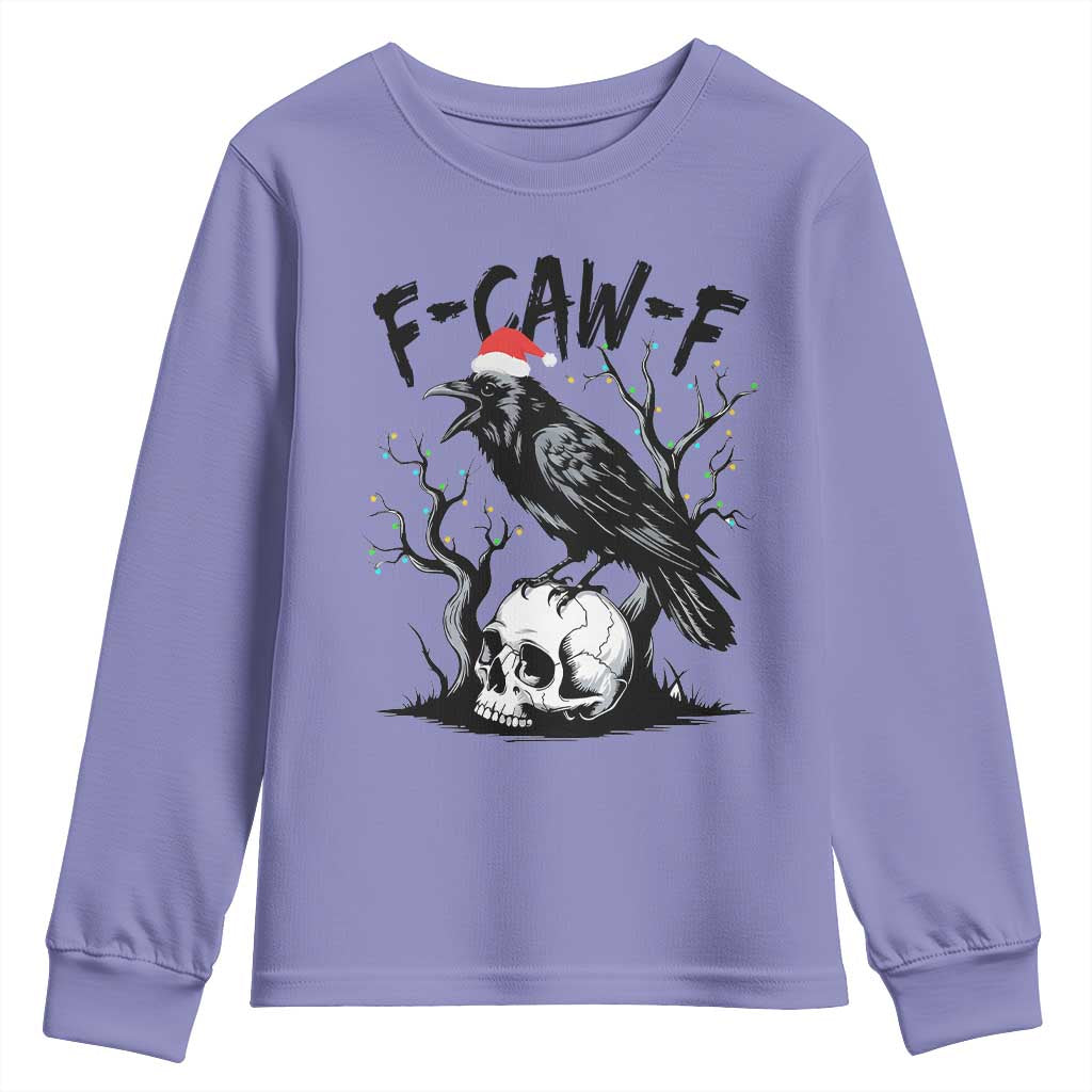 F Caw F Gothic Christmas Raven Youth Sweatshirt With Skull Funny Dark Holiday Humor Spooky Season TS02 Violet Print Your Wear