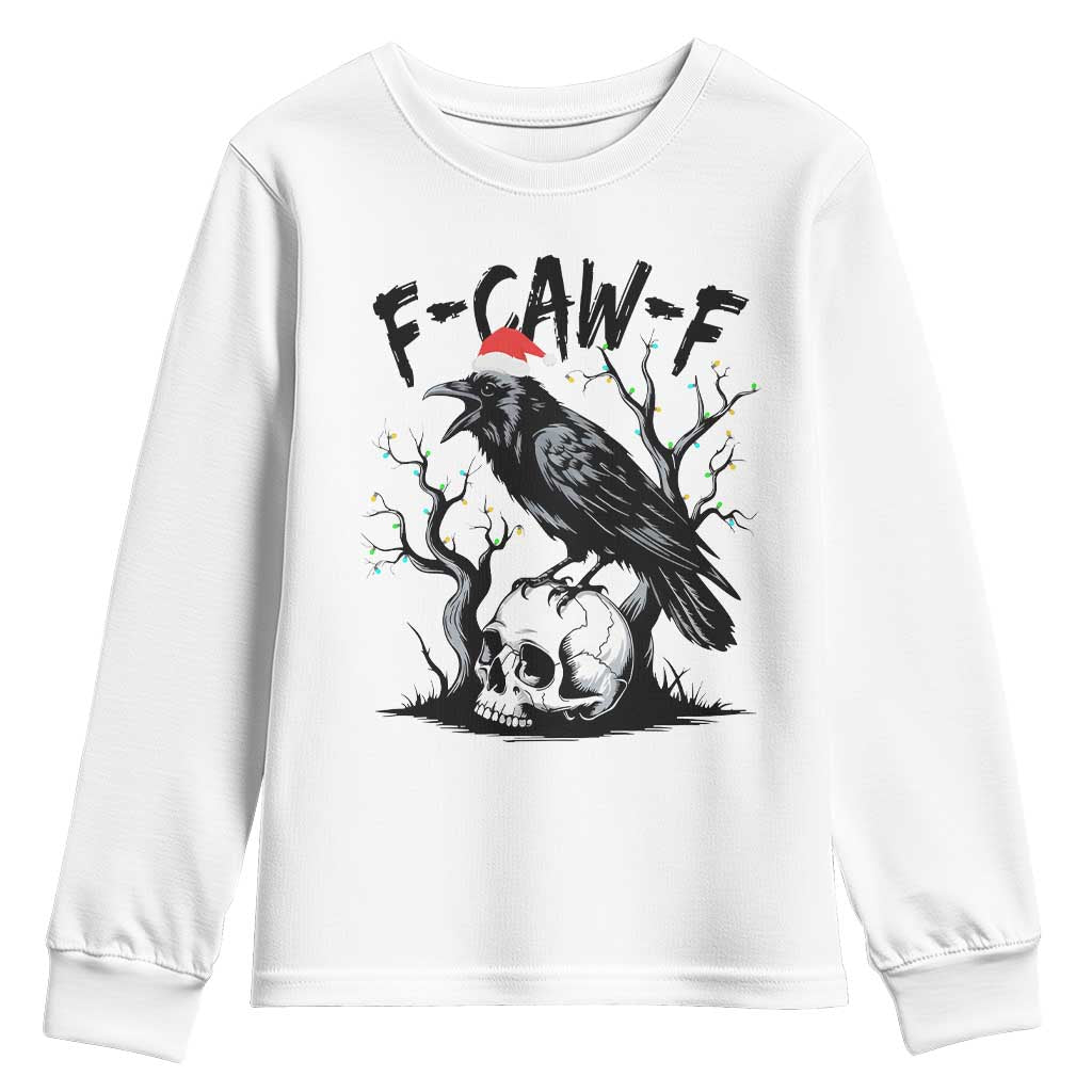 F Caw F Gothic Christmas Raven Youth Sweatshirt With Skull Funny Dark Holiday Humor Spooky Season TS02 White Print Your Wear