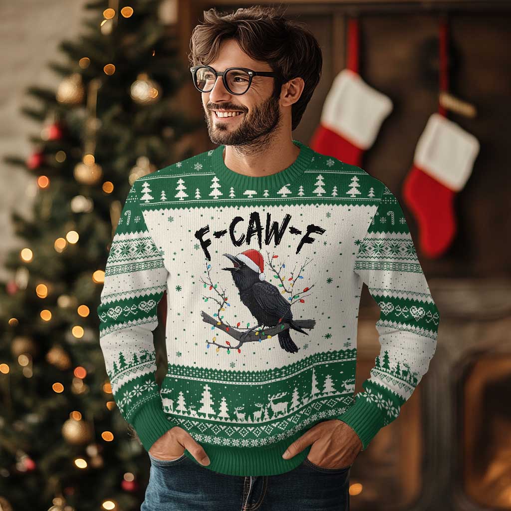 F Caw F Raven Christmas Ugly Christmas Sweater Funny Dark Holiday Humor Spooky Season TS02 Beige Green Print Your Wear