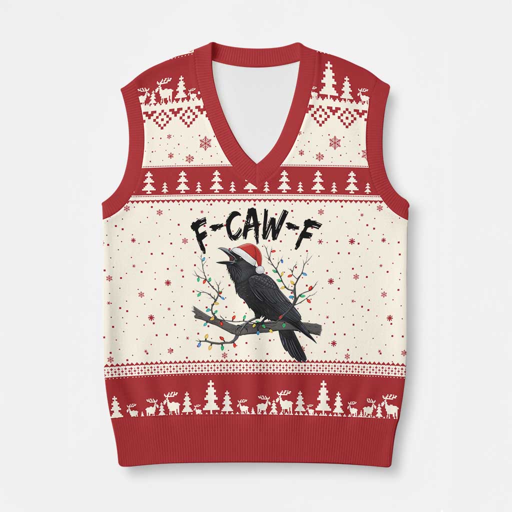 F Caw F Raven Xmas V-Neck Knit Sweater Vest Funny Dark Holiday Humor Spooky Season TS02 Beige Red Print Your Wear
