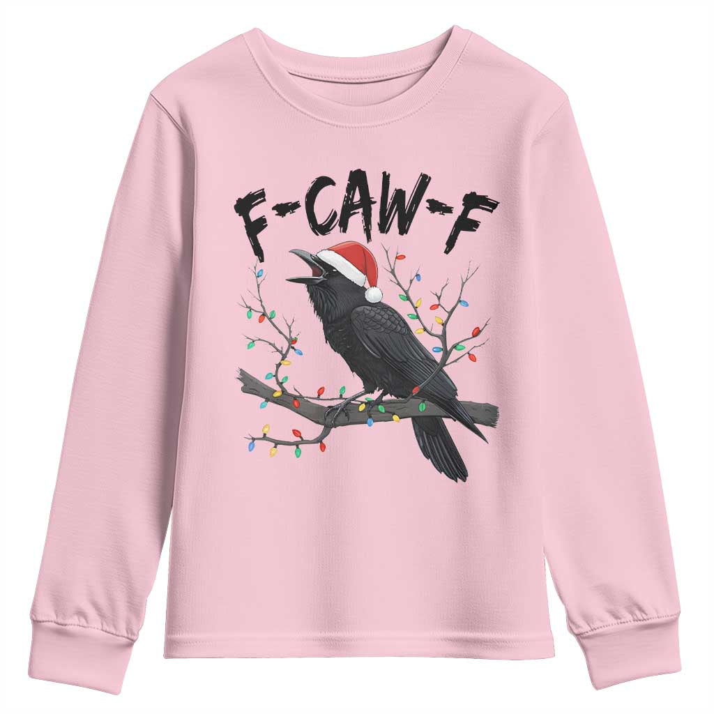 F Caw F Raven Christmas Youth Sweatshirt Funny Dark Holiday Humor Spooky Season TS02 Light Pink Print Your Wear