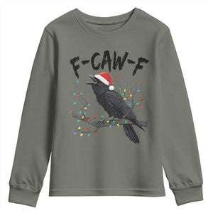 F Caw F Raven Christmas Youth Sweatshirt Funny Dark Holiday Humor Spooky Season TS02 Military Green Print Your Wear