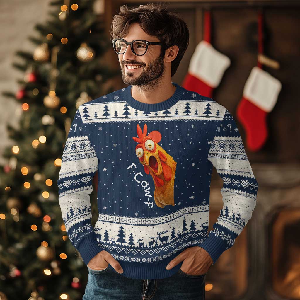 Funny F Caw F Surprise Chicken Meme Ugly Christmas Sweater Hilarious Shocked Bird Graphic for Comedy Lovers TS02 Navy Beige Print Your Wear