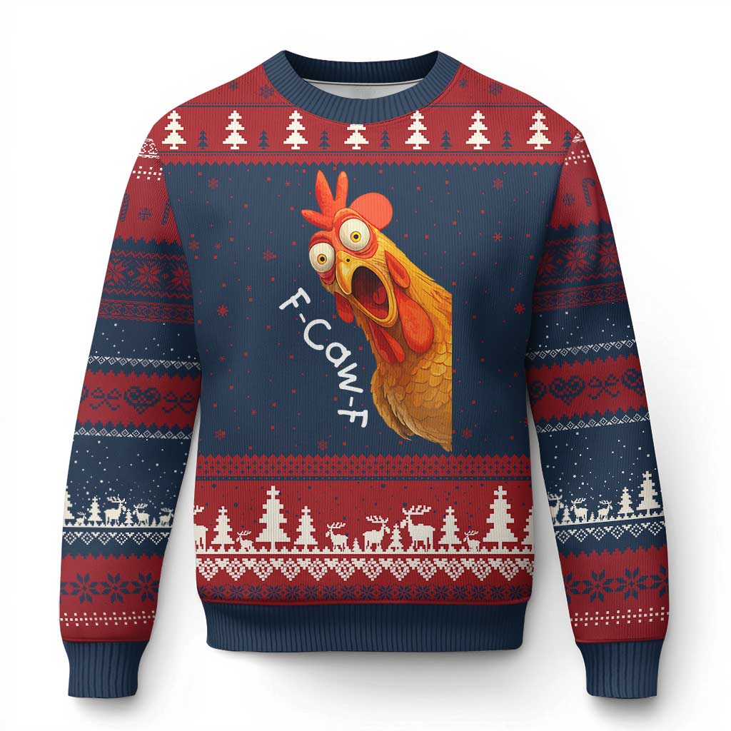 Funny F Caw F Surprise Chicken Meme Ugly Christmas Sweater Hilarious Shocked Bird Graphic for Comedy Lovers TS02 Navy Red Print Your Wear