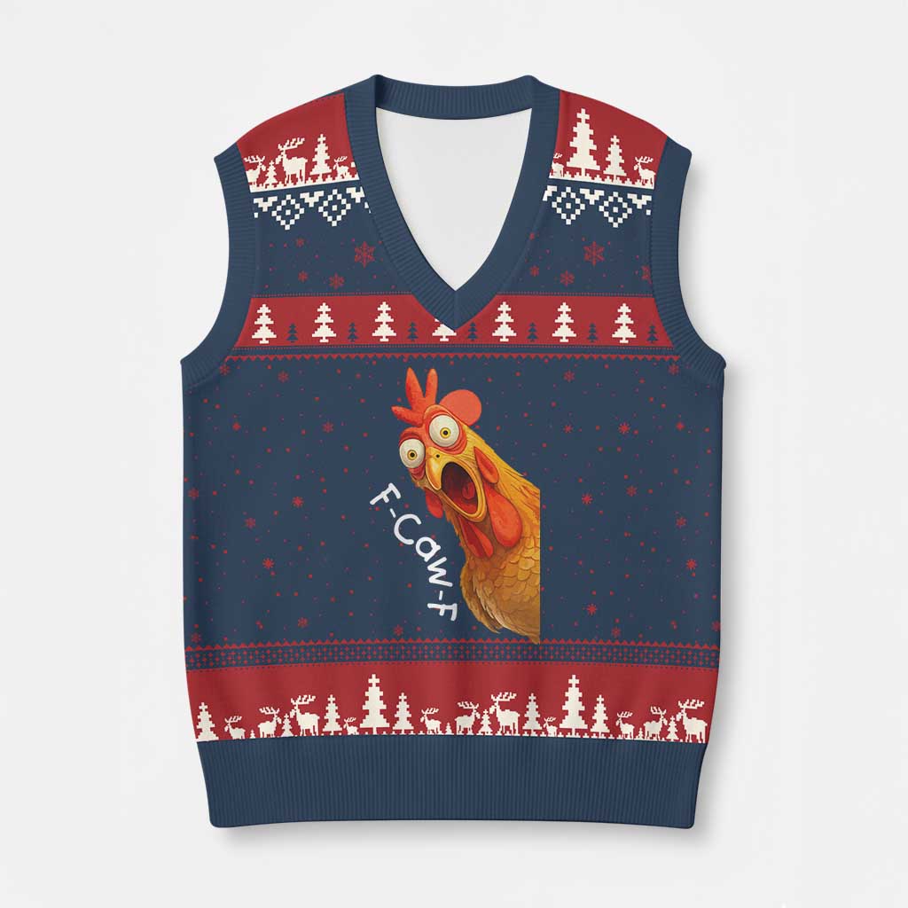 Funny F Caw F Surprise Chicken Meme V-Neck Knit Sweater Vest Hilarious Shocked Bird Graphic for Comedy Lovers TS02 Navy Red Print Your Wear