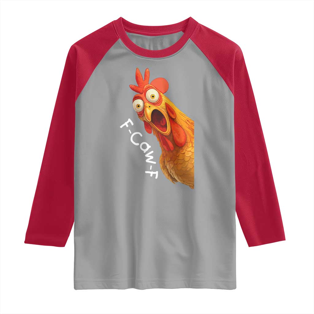 Funny F Caw F Surprise Chicken Meme Raglan Shirt Hilarious Shocked Bird Graphic for Comedy Lovers TS02 Sport Gray Red Print Your Wear