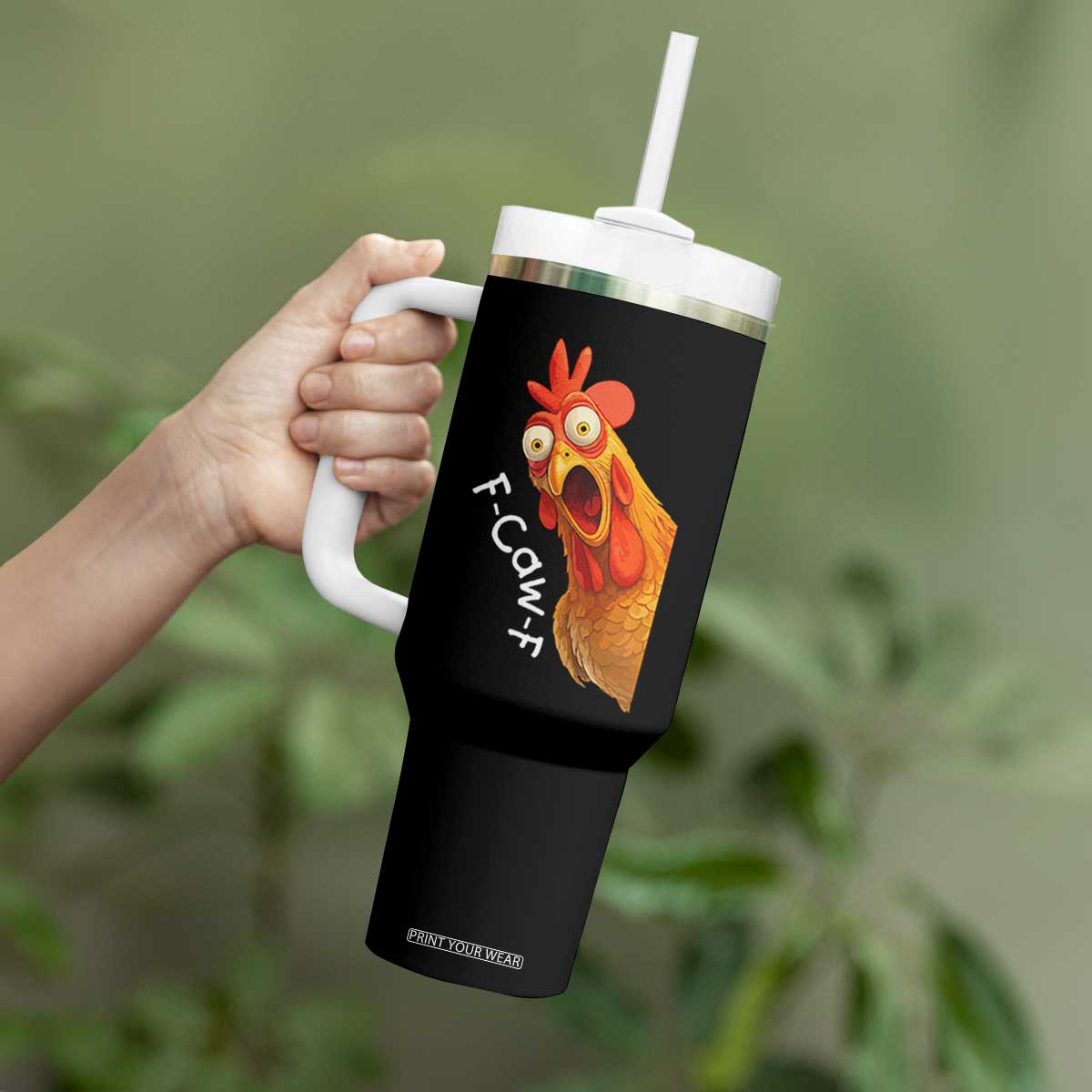 Funny F Caw F Surprise Chicken Meme Tumbler With Handle Hilarious Shocked Bird Graphic for Comedy Lovers TS02 Print Your Wear
