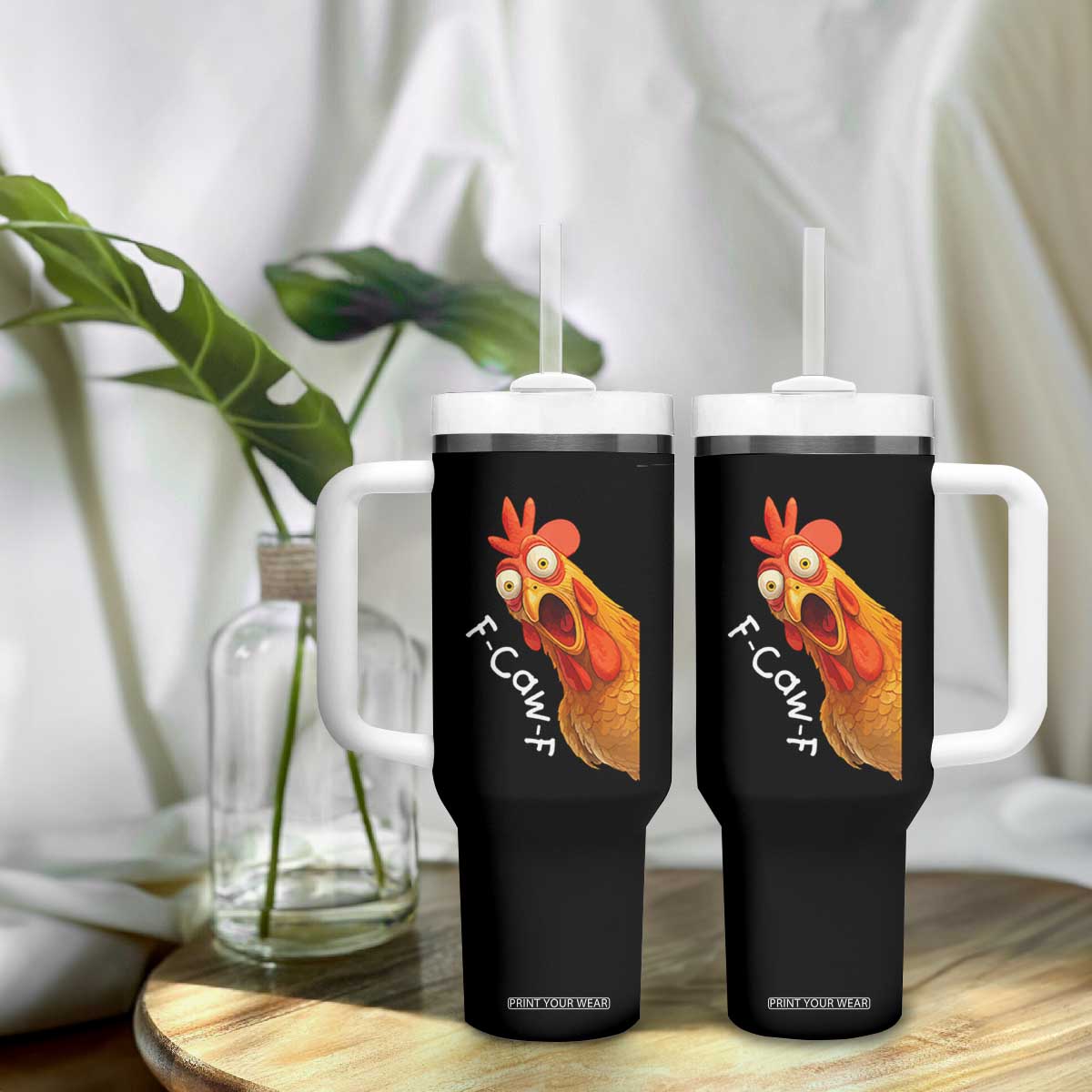 Funny F Caw F Surprise Chicken Meme Tumbler With Handle Hilarious Shocked Bird Graphic for Comedy Lovers TS02 Print Your Wear