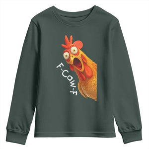 Funny F Caw F Surprise Chicken Meme Youth Sweatshirt Hilarious Shocked Bird Graphic for Comedy Lovers TS02 Dark Forest Green Print Your Wear