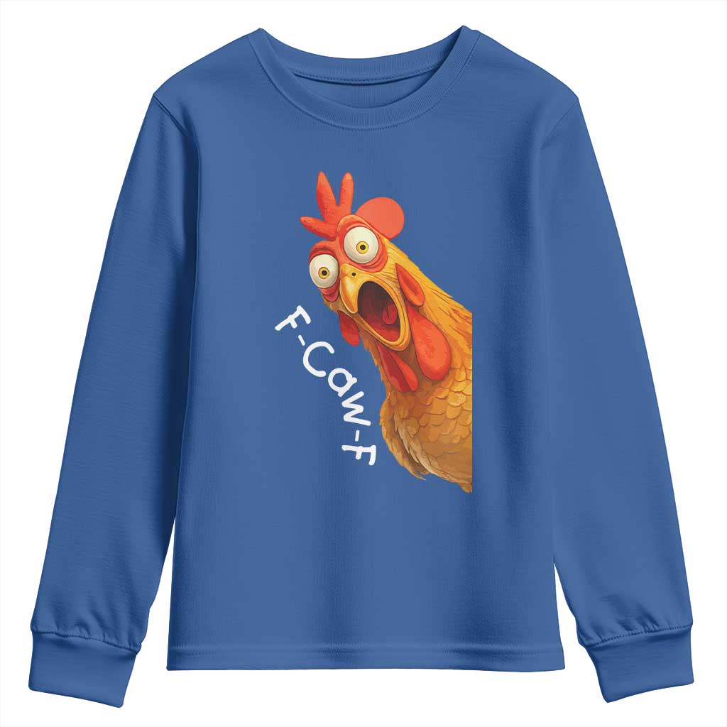 Funny F Caw F Surprise Chicken Meme Youth Sweatshirt Hilarious Shocked Bird Graphic for Comedy Lovers TS02 Royal Blue Print Your Wear