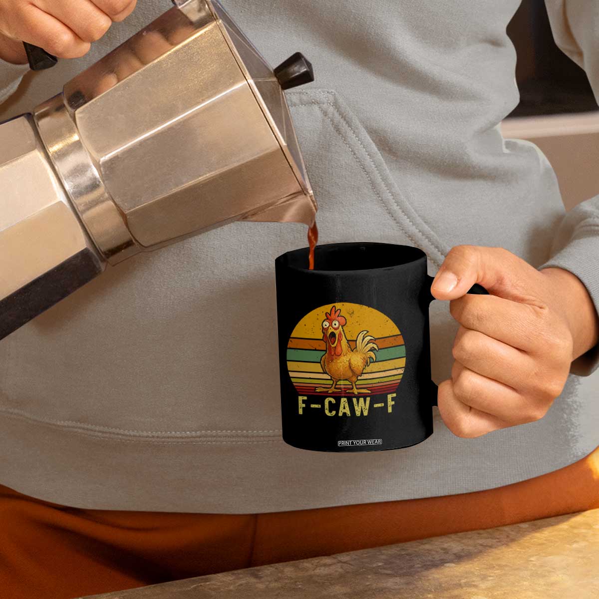 F Caw F Retro Chicken Meme Coffee Mug Vintage Sunset Poultry Graphic Loud Bird Energy TS02 Print Your Wear