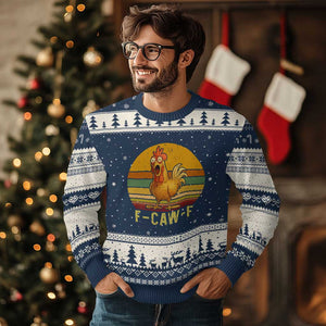 F Caw F Retro Chicken Meme Ugly Christmas Sweater Vintage Sunset Poultry Graphic Loud Bird Energy TS02 Navy Beige Print Your Wear