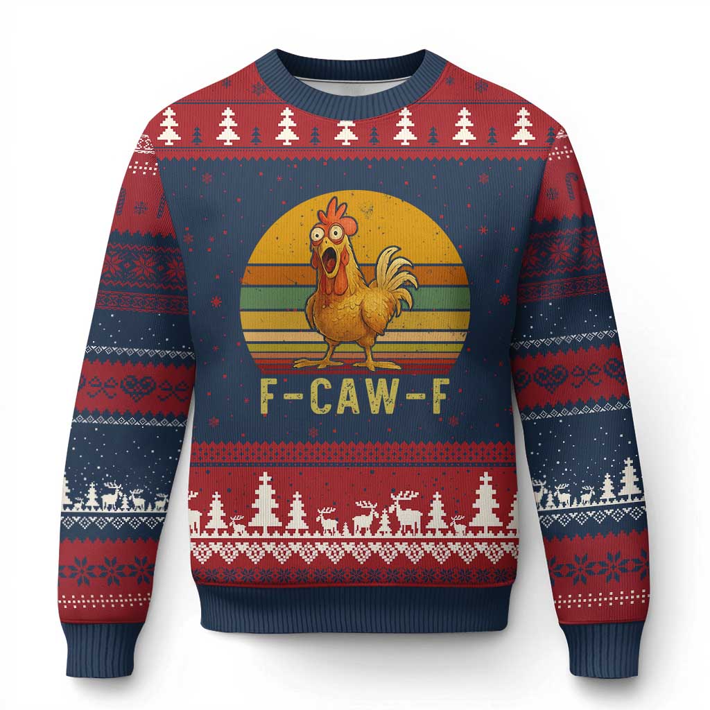 F Caw F Retro Chicken Meme Ugly Christmas Sweater Vintage Sunset Poultry Graphic Loud Bird Energy TS02 Navy Red Print Your Wear