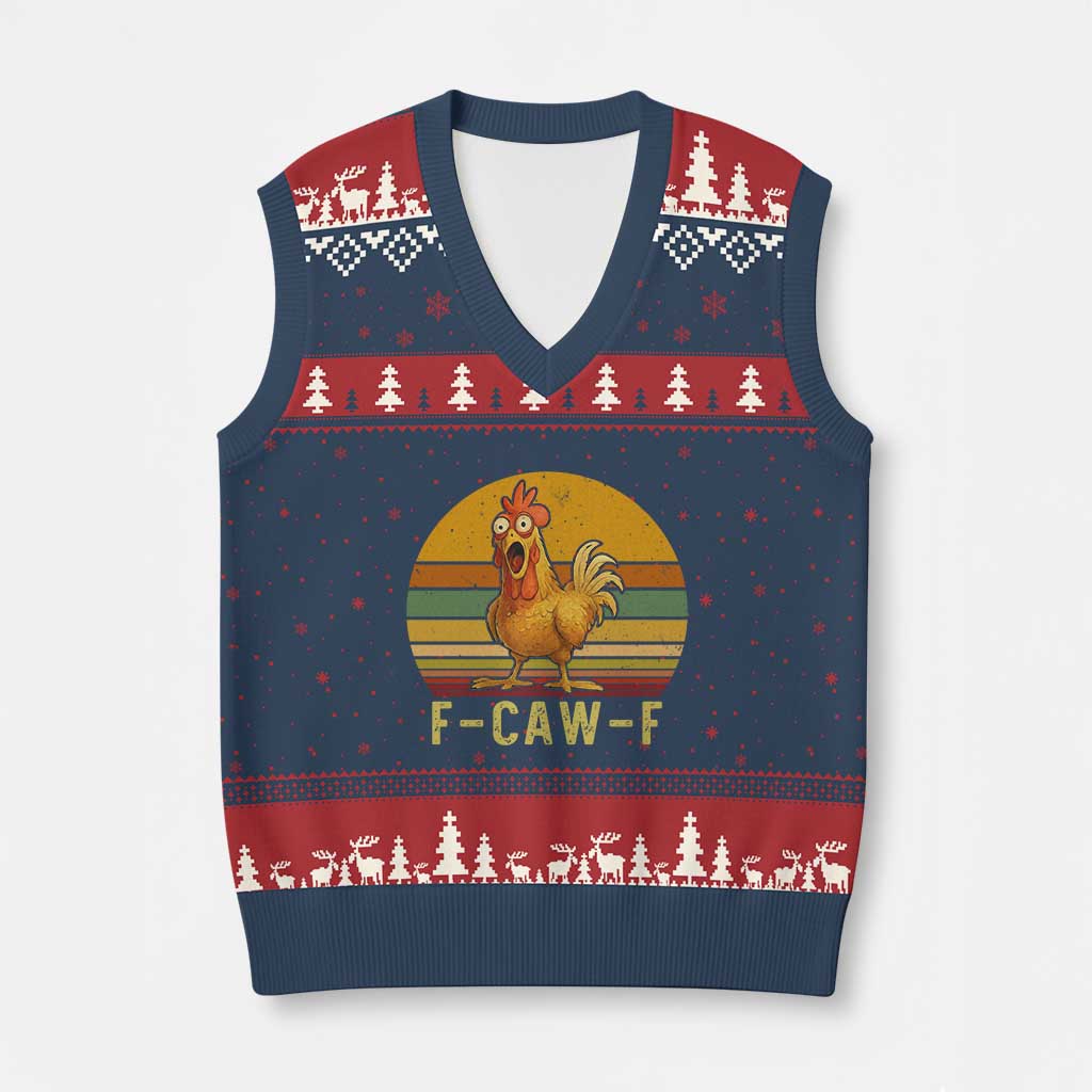 F Caw F Retro Chicken Meme V-Neck Knit Sweater Vest Vintage Sunset Poultry Graphic Loud Bird Energy TS02 Navy Red Print Your Wear