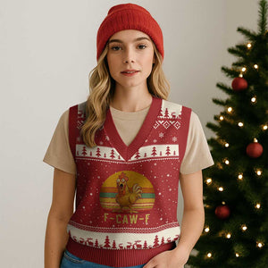 F Caw F Retro Chicken Meme V-Neck Knit Sweater Vest Vintage Sunset Poultry Graphic Loud Bird Energy TS02 Red Beige Print Your Wear