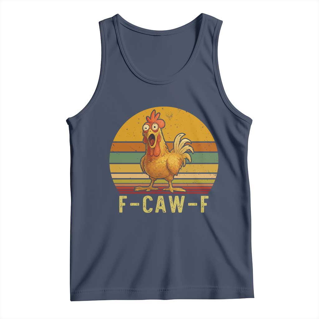 F Caw F Retro Chicken Meme Tank Top Vintage Sunset Poultry Graphic Loud Bird Energy TS02 Navy Print Your Wear