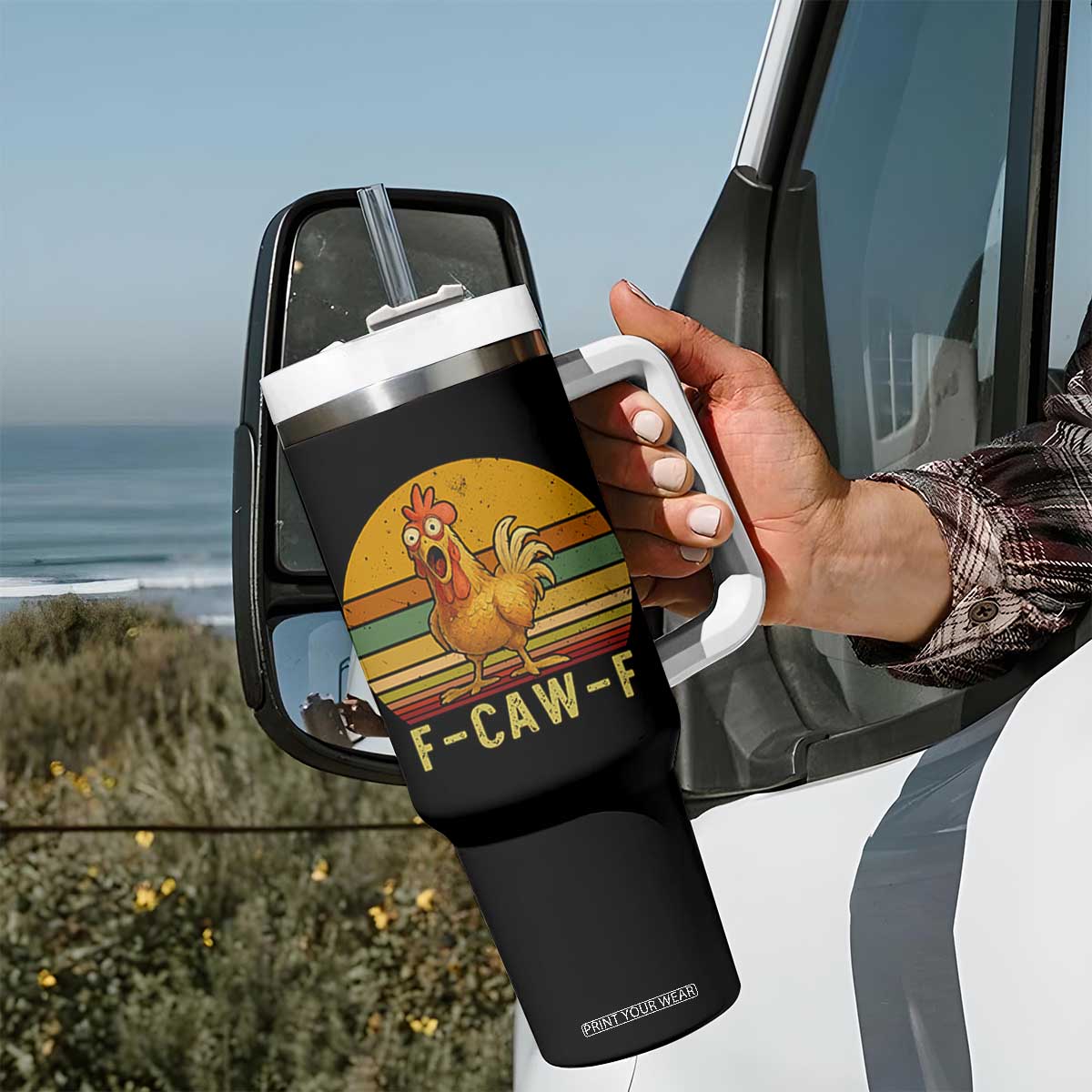 F Caw F Retro Chicken Meme Tumbler With Handle Vintage Sunset Poultry Graphic Loud Bird Energy TS02 Print Your Wear