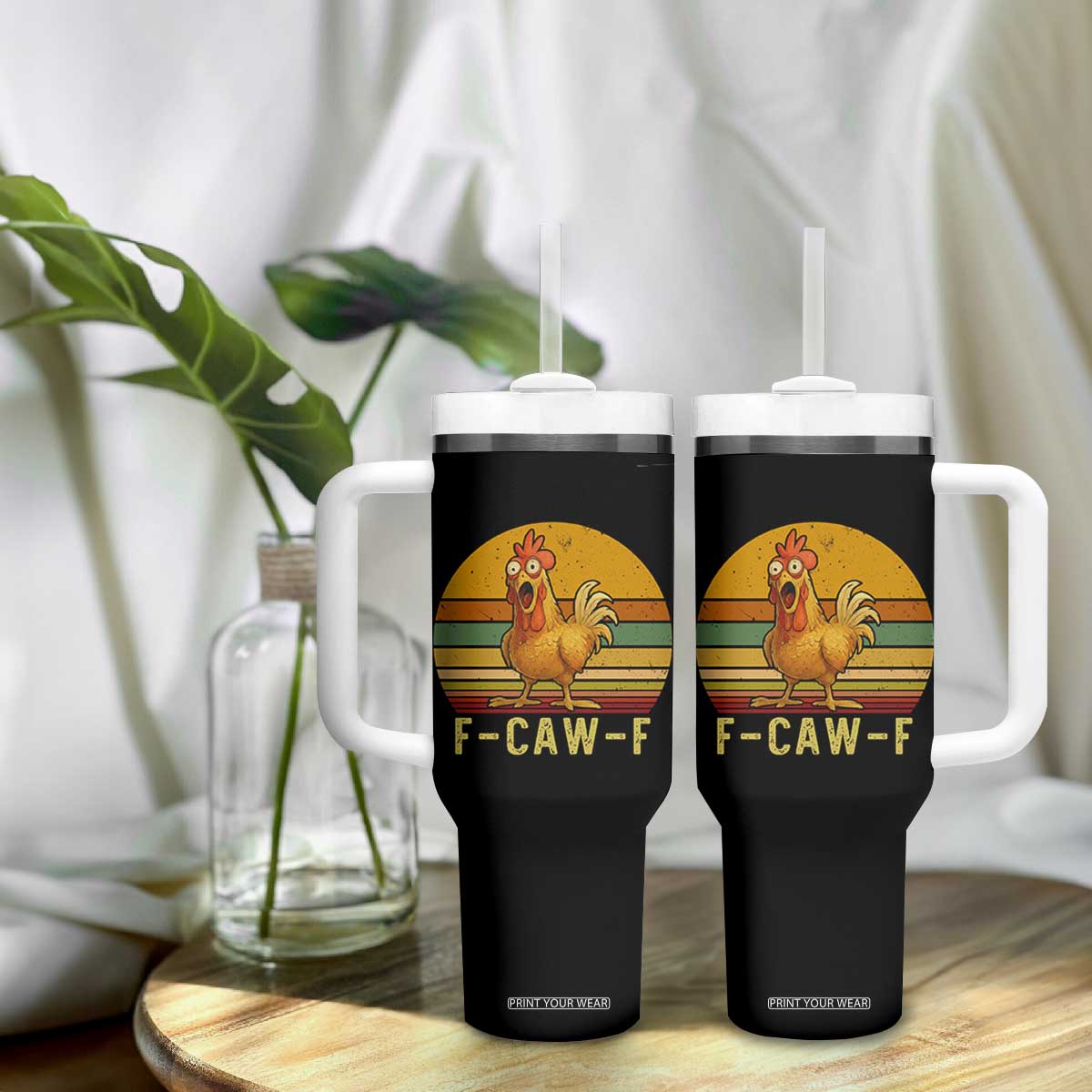 F Caw F Retro Chicken Meme Tumbler With Handle Vintage Sunset Poultry Graphic Loud Bird Energy TS02 Print Your Wear